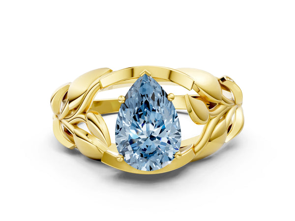 Yellow Gold Pear-Shaped Pave Leaf Bypass Engagement Ring Setting for Fancy Blue Center
