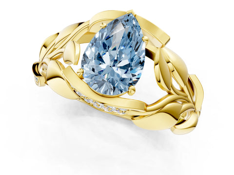 Yellow gold Fancy Blue Pear Cut Solitaire Leaf-Inspired Engagement Ring with Prong Setting_1