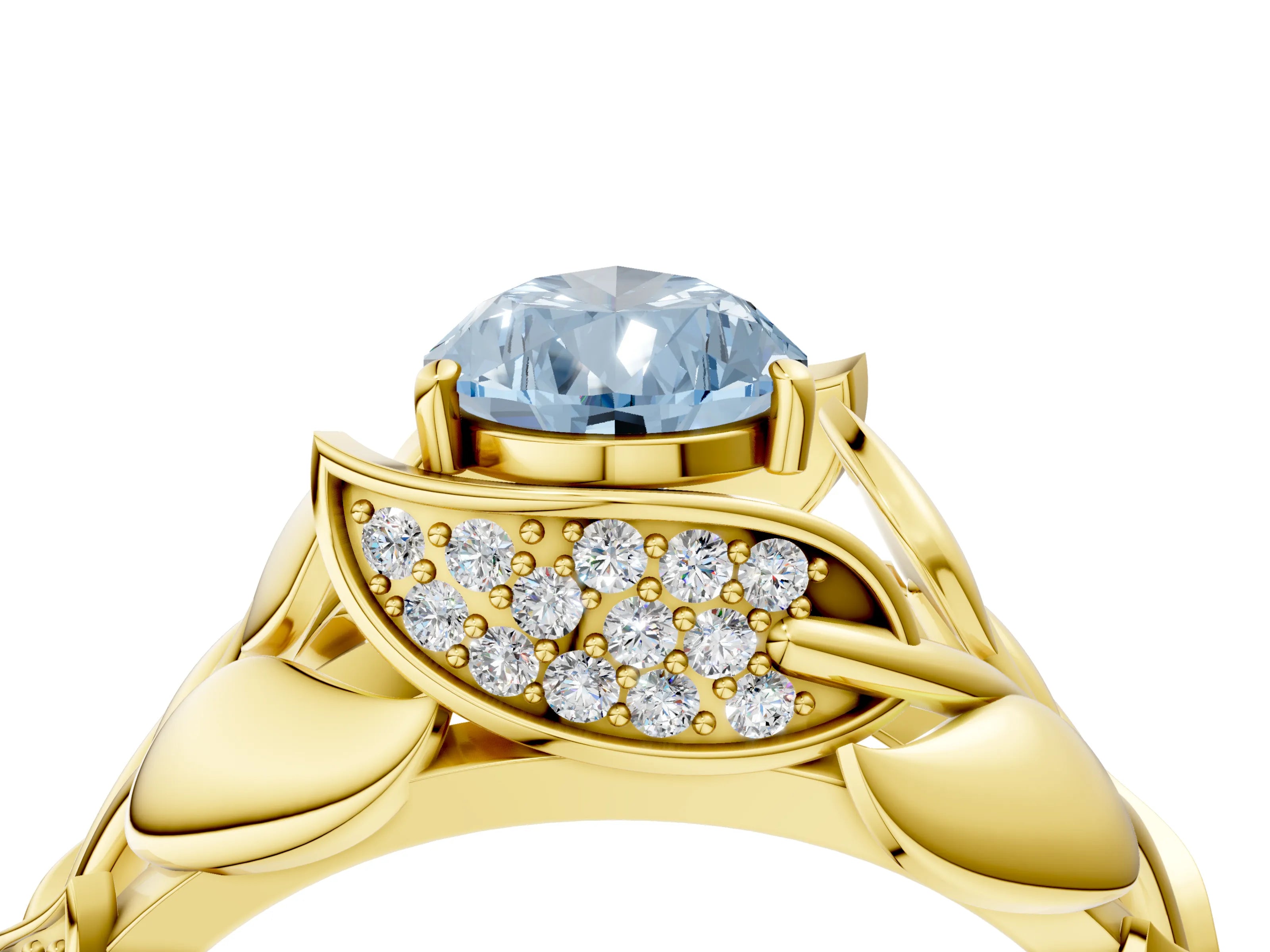 Yellow gold Fancy Blue Pear Cut Solitaire Leaf-Inspired Engagement Ring with Prong Setting_4