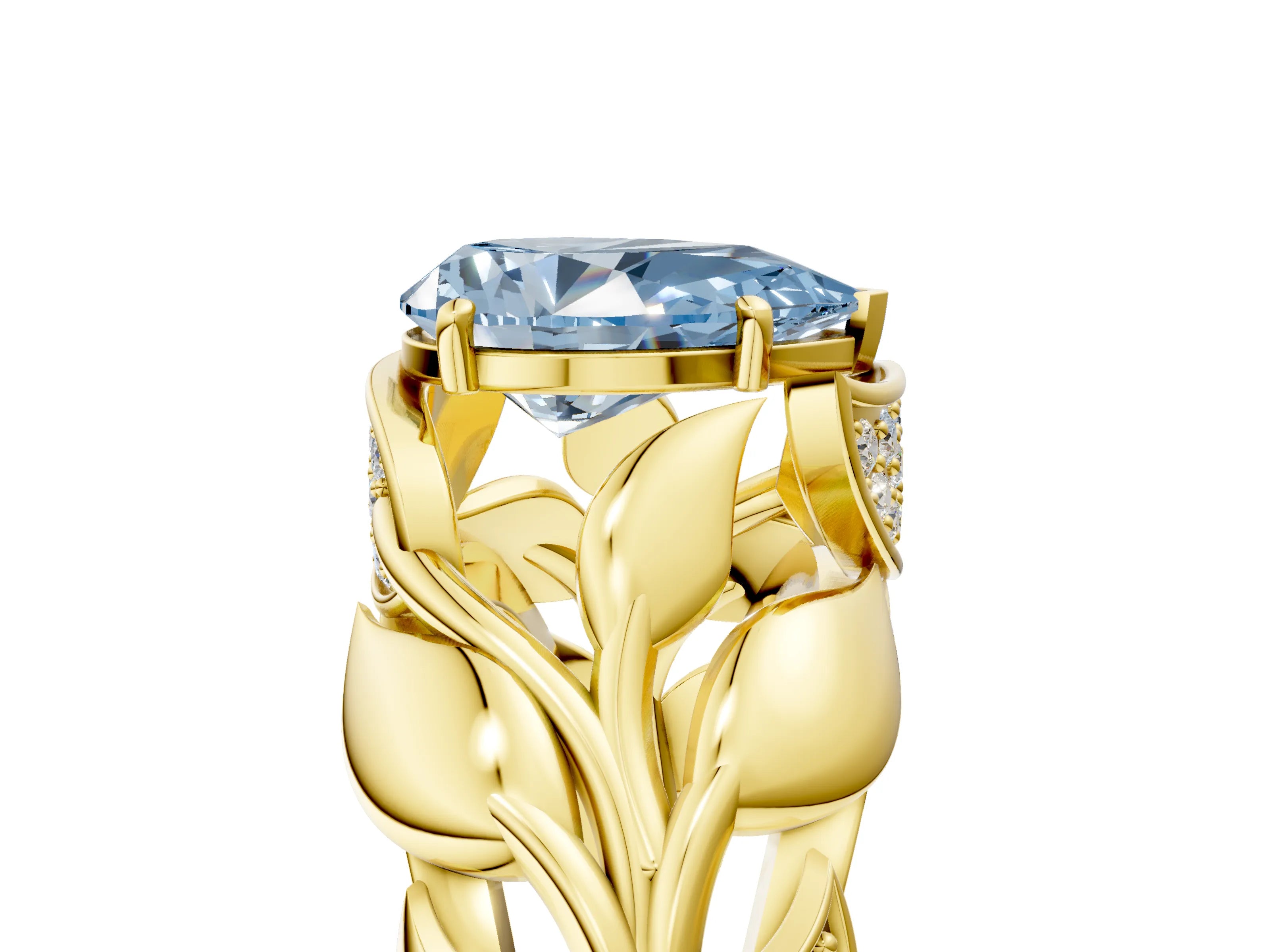 Yellow gold Fancy Blue Pear Cut Solitaire Leaf-Inspired Engagement Ring with Prong Setting_5