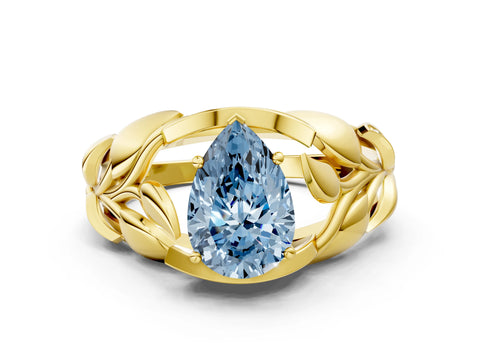 Yellow gold Fancy Blue Pear Cut Solitaire Leaf-Inspired Engagement Ring with Prong Setting