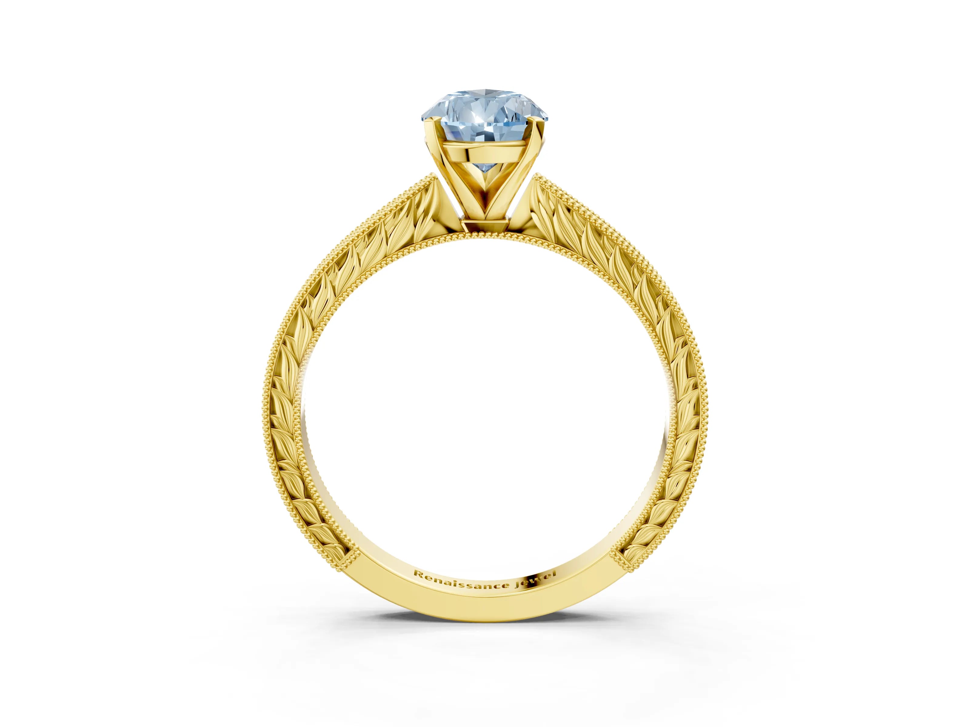 Yellow gold Fancy Blue Pear Cut Solitaire Milgrain Engraved Band with Four-Prong Setting_3