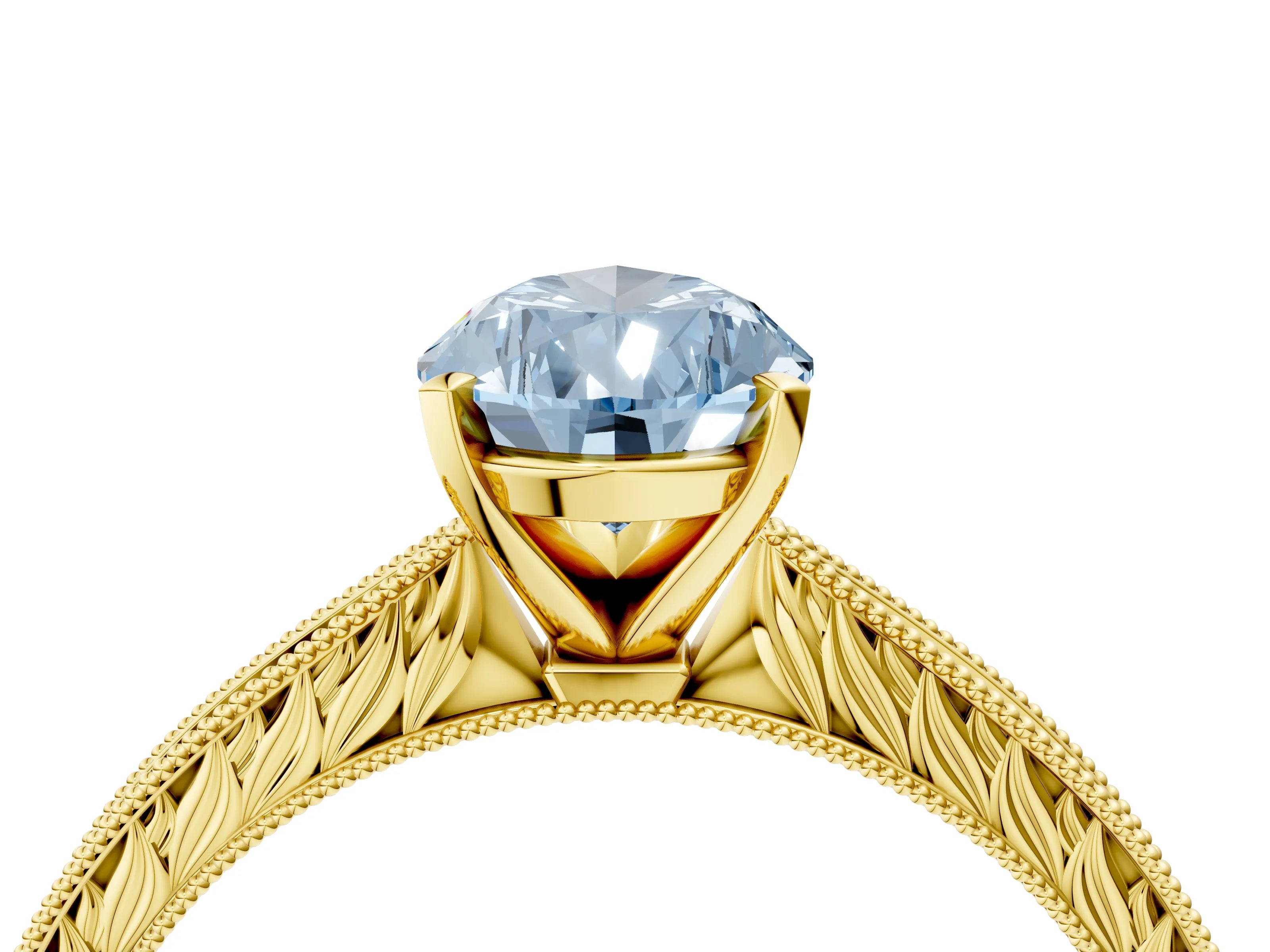Yellow gold Fancy Blue Pear Cut Solitaire Milgrain Engraved Band with Four-Prong Setting_4