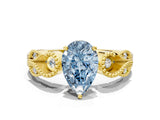 Yellow gold Fancy Blue Pear Cut Solitaire Milgrain Leaf Band with Prong Setting