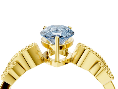Yellow gold Fancy Blue Pear Cut Solitaire Milgrain Leaf Band with Prong Setting_4