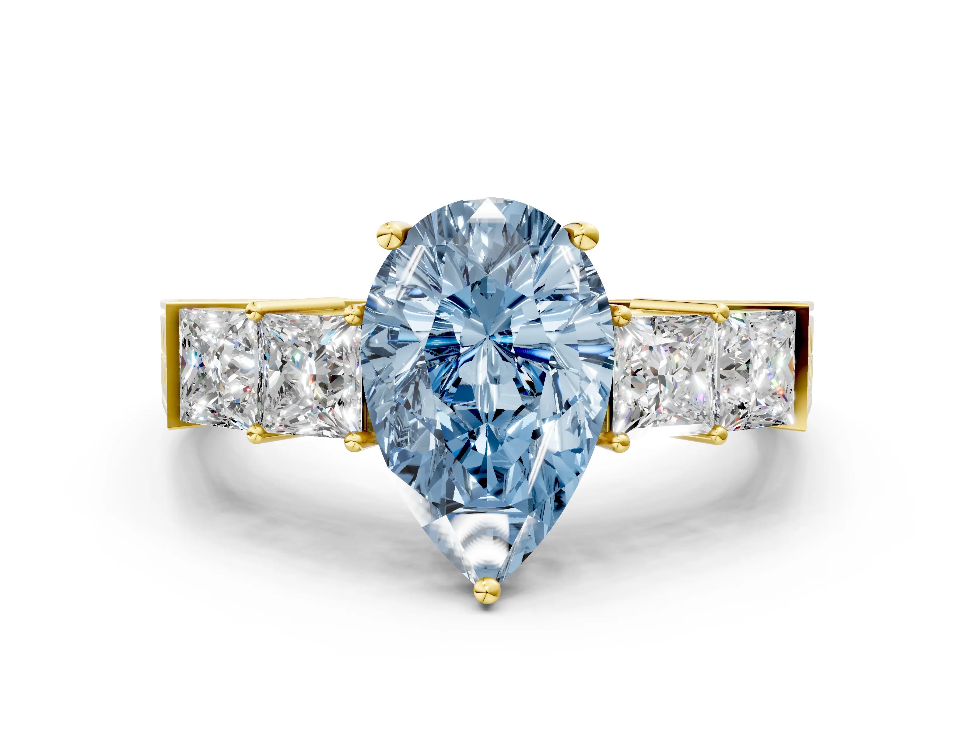 Yellow gold Fancy Blue Pear Cut Solitaire Princess Side Stone Engraved Band Prong Setting Ring