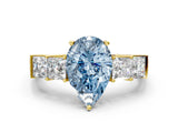 Yellow gold Fancy Blue Pear Cut Solitaire Princess Side Stone Engraved Band Prong Setting Ring
