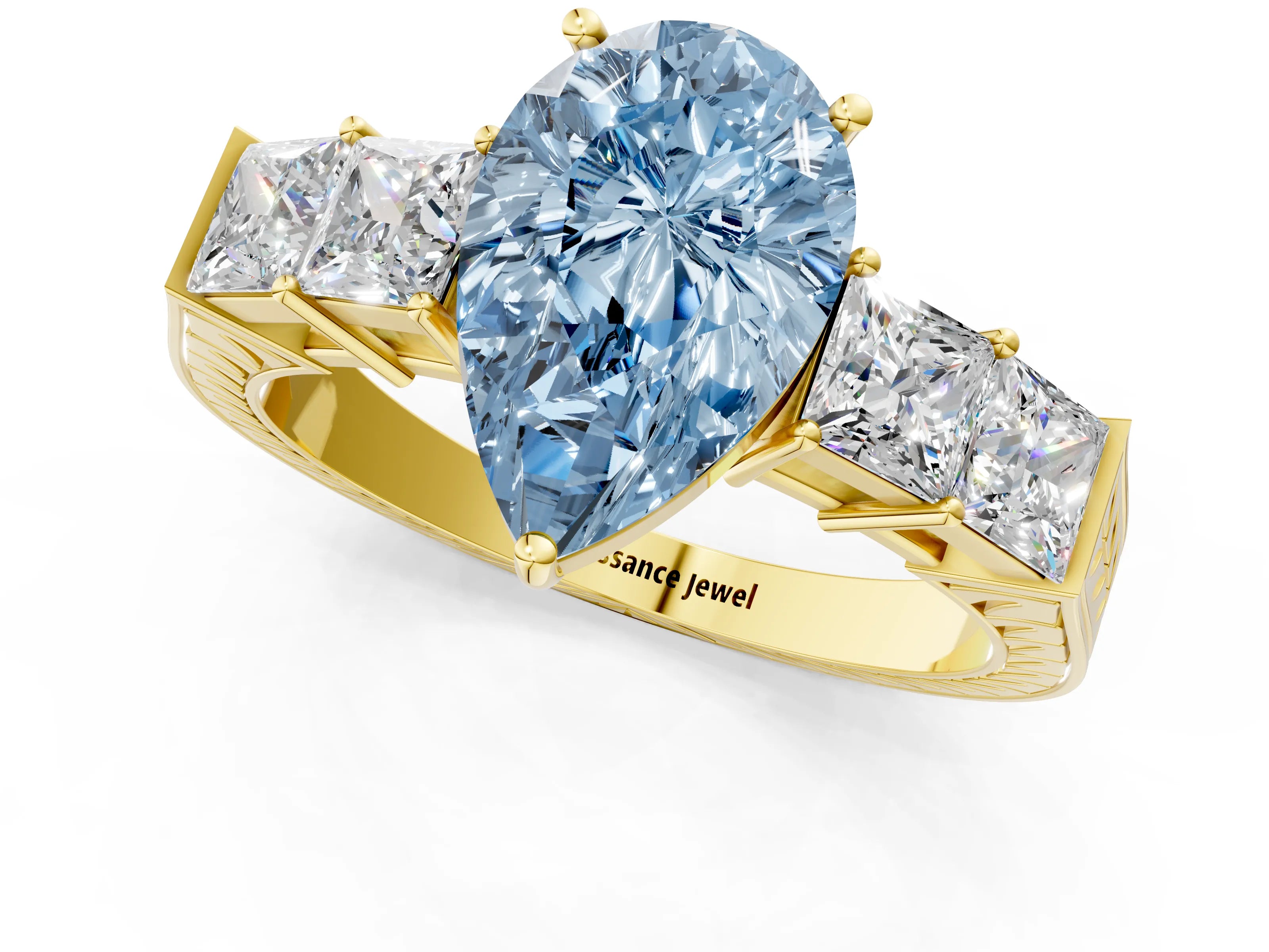 Yellow gold Fancy Blue Pear Cut Solitaire Princess Side Stone Engraved Band Prong Setting Ring_1