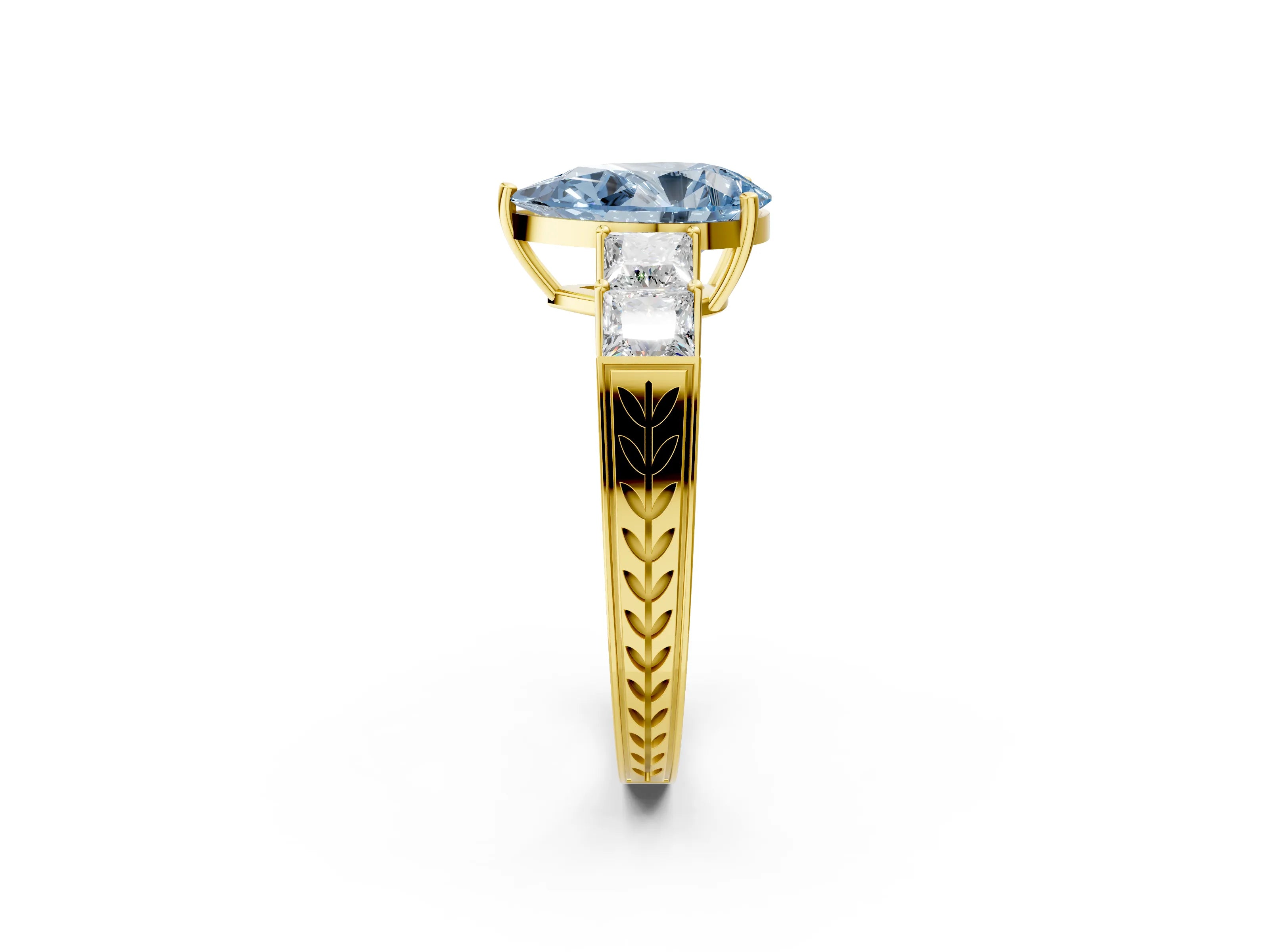 Yellow gold Fancy Blue Pear Cut Solitaire Princess Side Stone Engraved Band Prong Setting Ring_2
