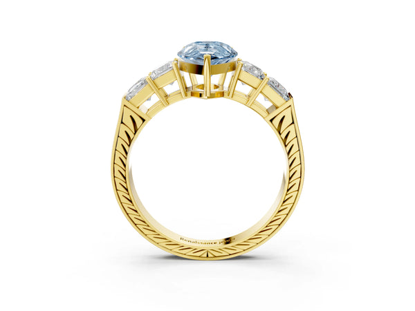 Yellow gold Fancy Blue Pear Cut Solitaire Princess Side Stone Engraved Band Prong Setting Ring