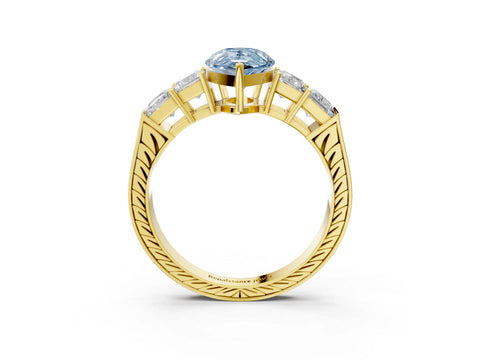 Yellow gold Fancy Blue Pear Cut Solitaire Princess Side Stone Engraved Band Prong Setting Ring_3