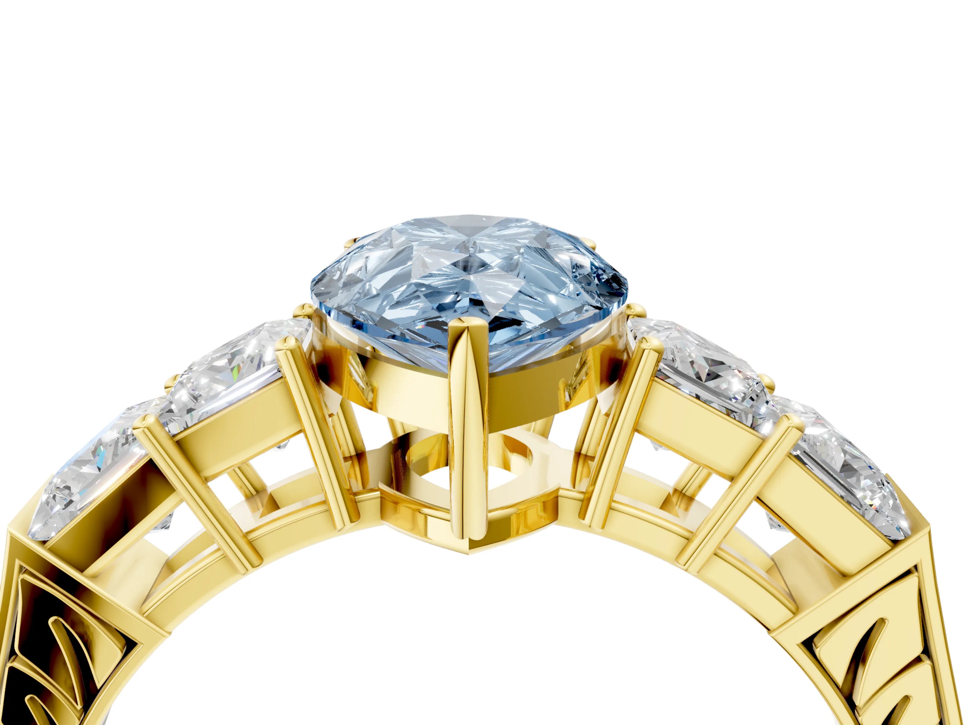 Yellow gold Fancy Blue Pear Cut Solitaire Princess Side Stone Engraved Band Prong Setting Ring_4