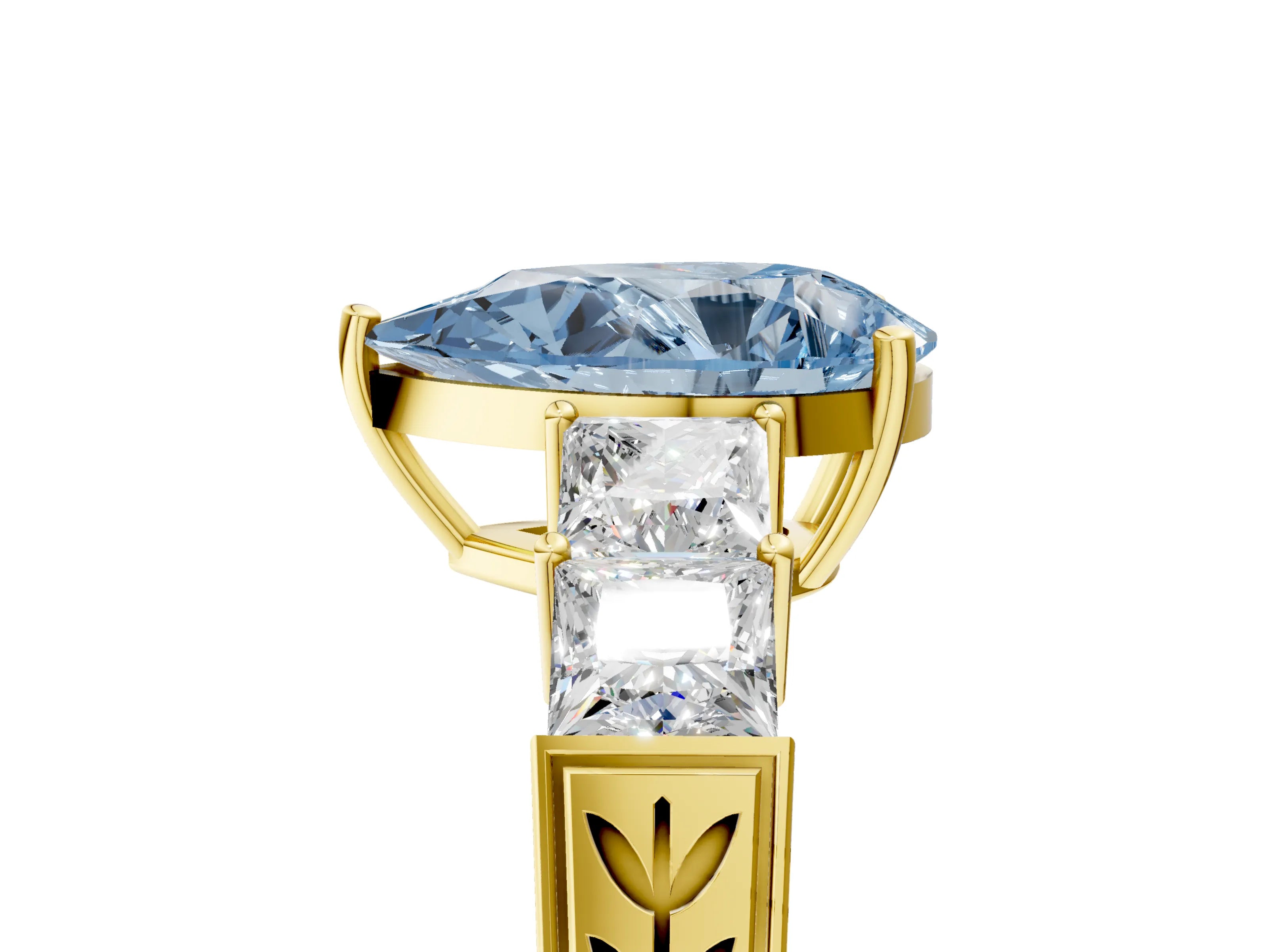 Yellow gold Fancy Blue Pear Cut Solitaire Princess Side Stone Engraved Band Prong Setting Ring_5