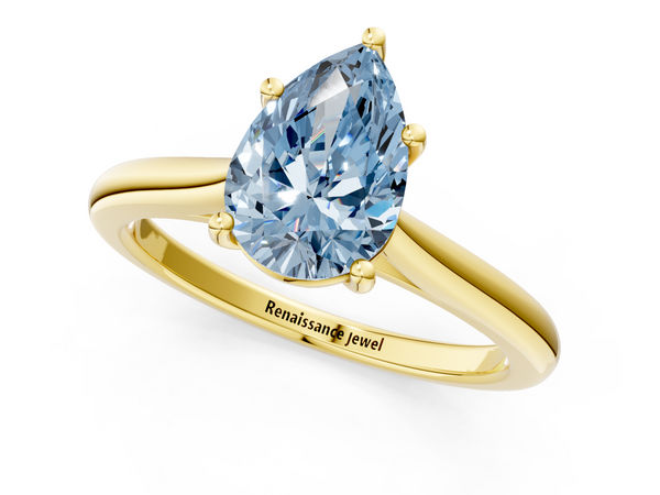 Yellow gold Fancy Blue Pear  Cut Solitaire Ring with Cathedral Band and Four-Prong Setting
