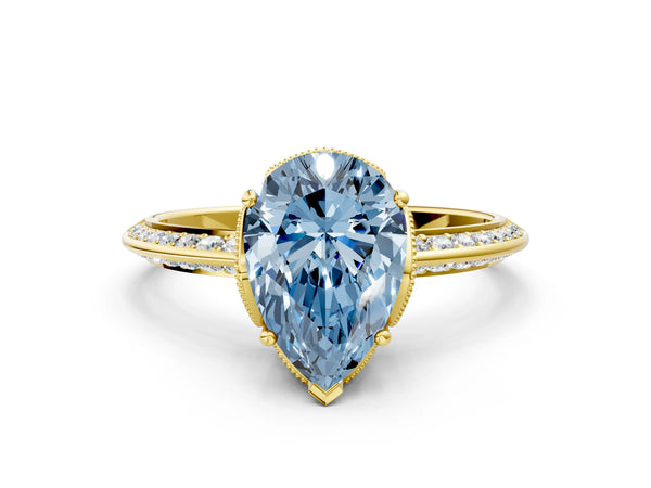Yellow Gold Pear-Shaped Graduated Pave Engagement Ring Setting for Fancy Blue Center