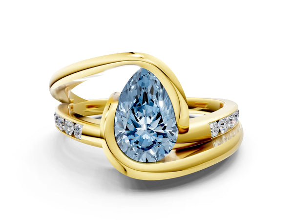 Yellow gold Fancy Blue Pear Cut Solitaire Tension-Set Diamond Split Shank Ring