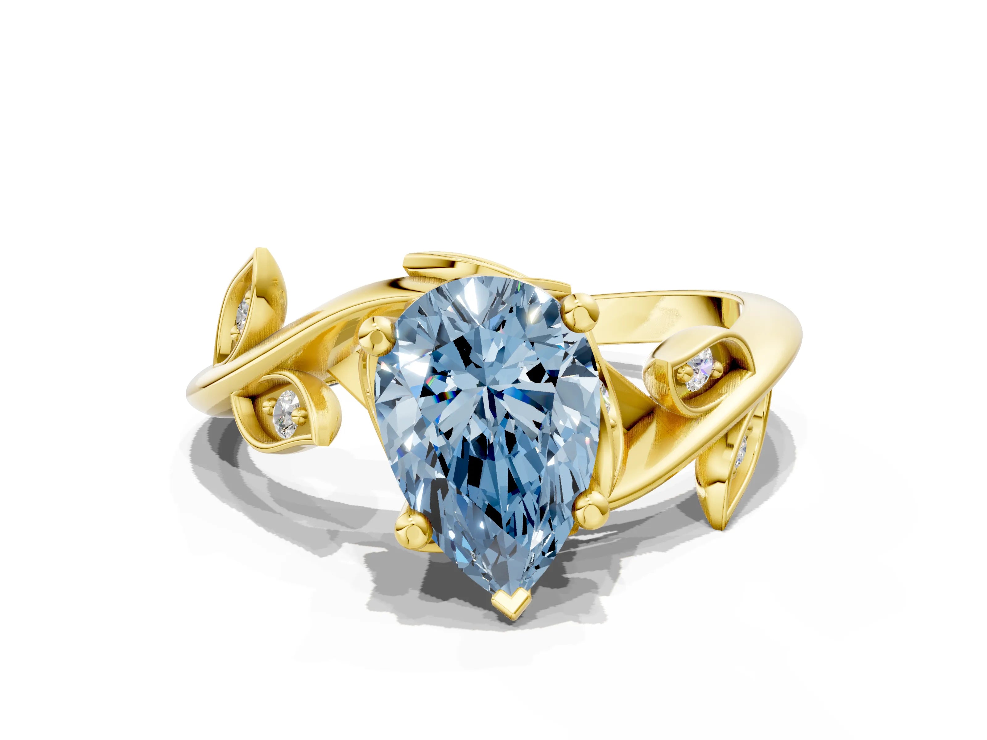 Yellow gold Fancy Blue Pear Cut Solitaire Twist Engagement Ring with Leaf Accents and Prong Setting_12