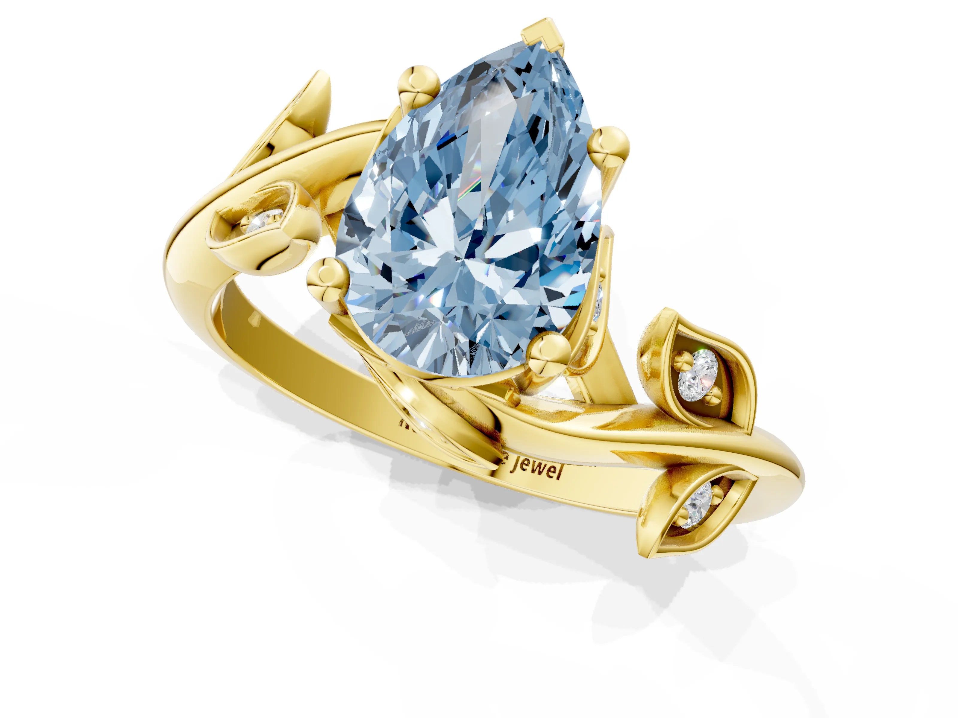 Yellow gold Fancy Blue Pear Cut Solitaire Twist Engagement Ring with Leaf Accents and Prong Setting_13
