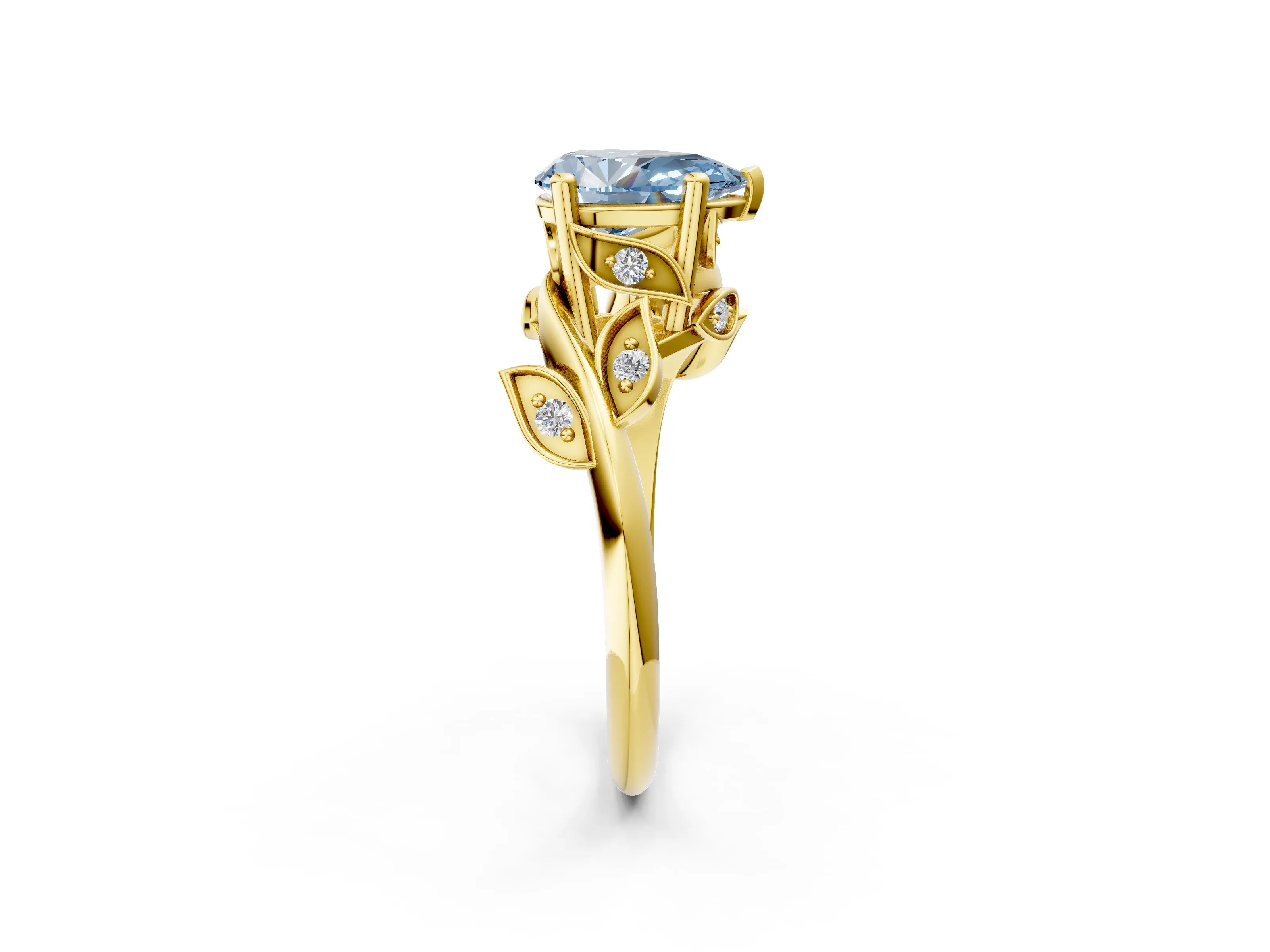 Yellow gold Fancy Blue Pear Cut Solitaire Twist Engagement Ring with Leaf Accents and Prong Setting_14