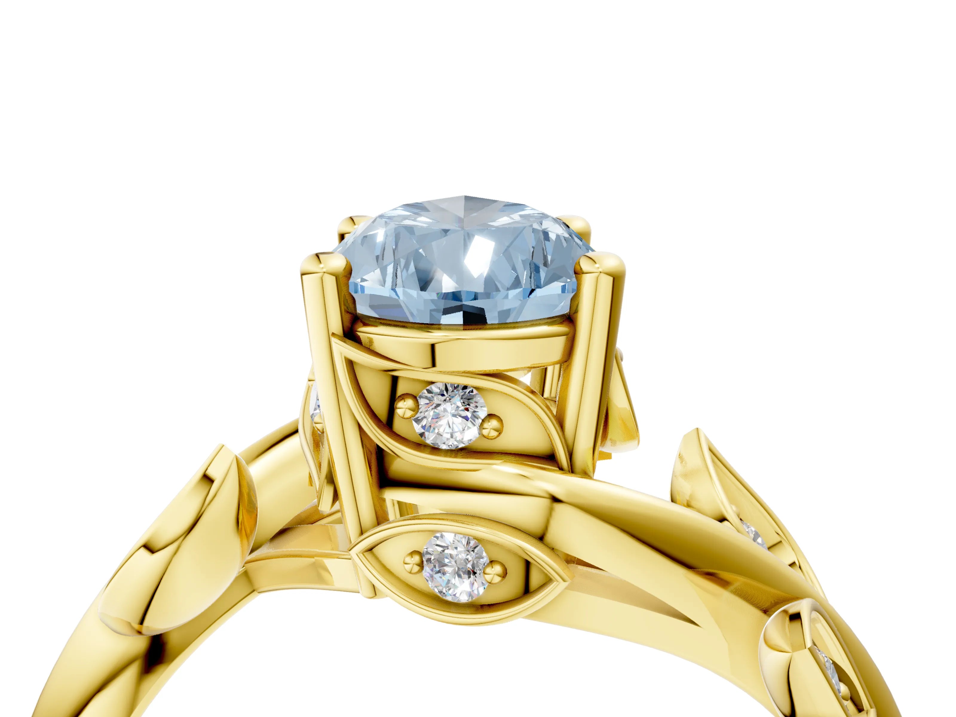 Yellow gold Fancy Blue Pear Cut Solitaire Twist Engagement Ring with Leaf Accents and Prong Setting_16