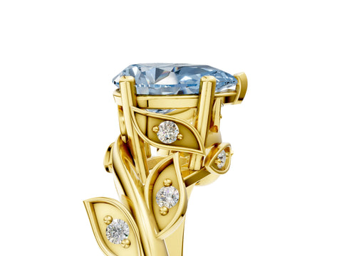 Yellow gold Fancy Blue Pear Cut Solitaire Twist Engagement Ring with Leaf Accents and Prong Setting_17