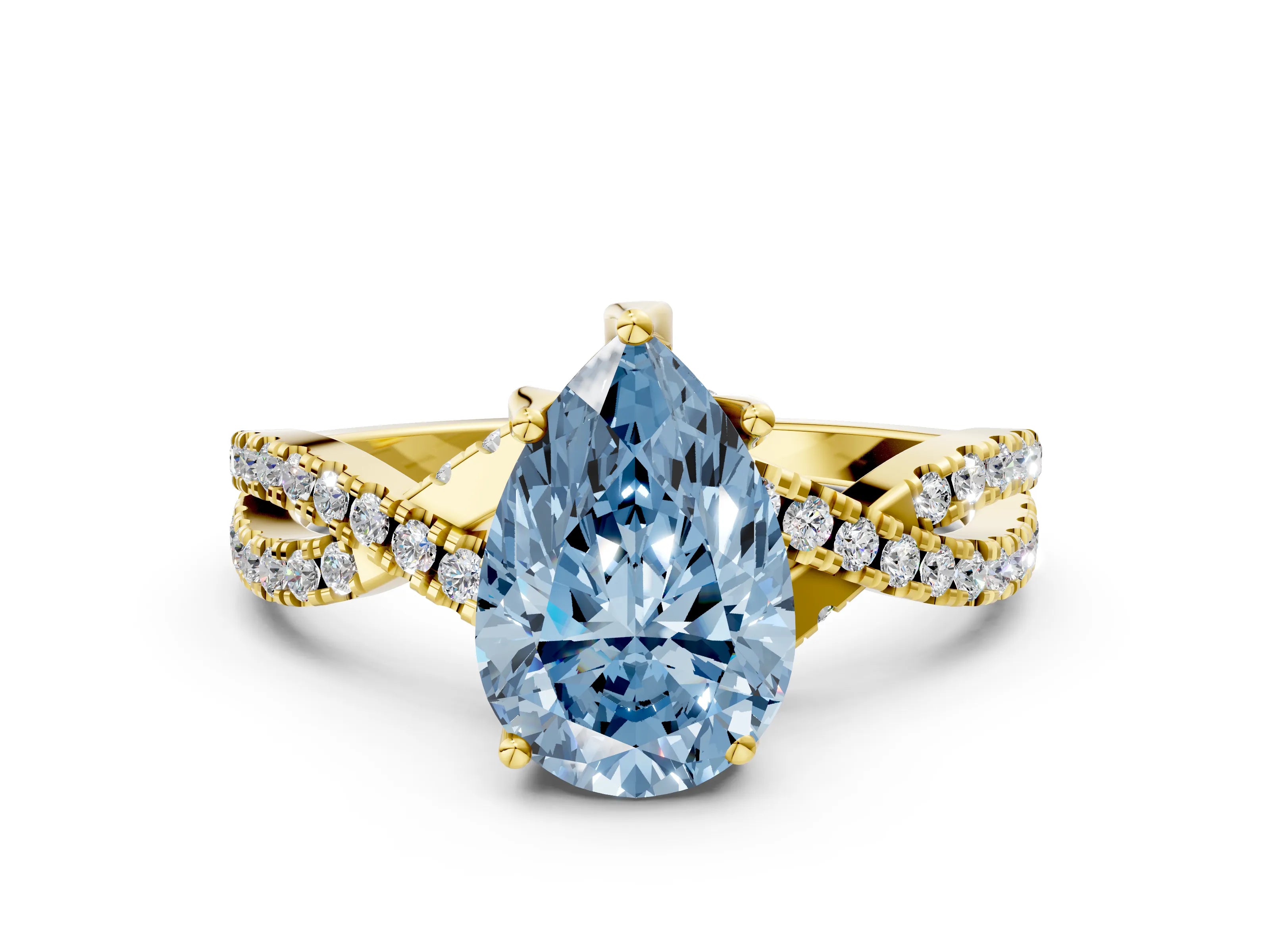 Yellow gold Fancy Blue Pear Cut Solitaire Twist Pave Diamond Engagement Ring with Prong Setting