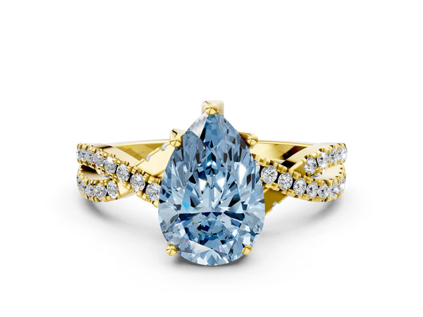 Yellow gold Fancy Blue Pear Cut Solitaire Twist Pave Diamond Engagement Ring with Prong Setting