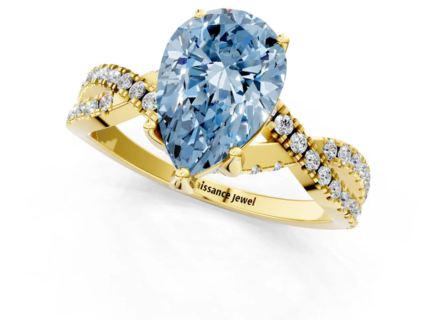 Yellow gold Fancy Blue Pear Cut Solitaire Twist Pave Diamond Engagement Ring with Prong Setting