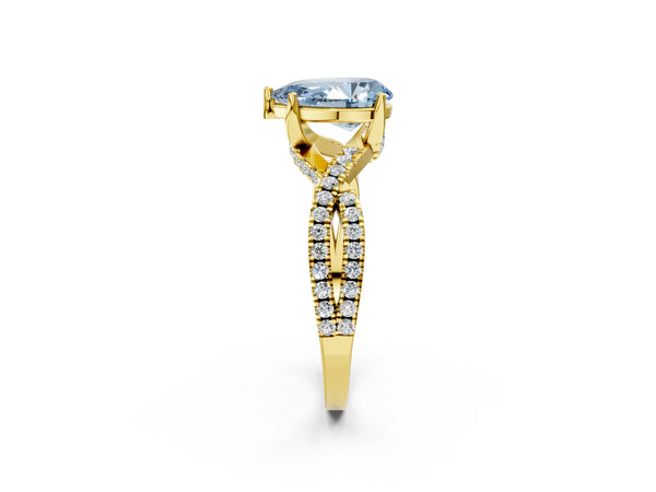 Yellow gold Fancy Blue Pear Cut Solitaire Twist Pave Diamond Engagement Ring with Prong Setting