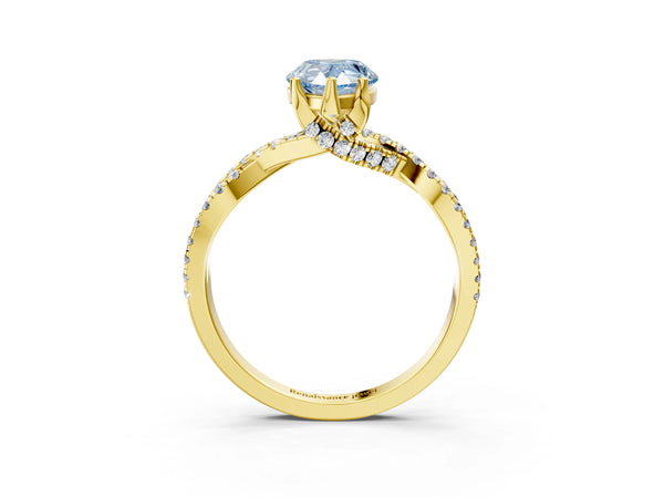 Yellow gold Fancy Blue Pear Cut Solitaire Twist Pave Diamond Engagement Ring with Prong Setting