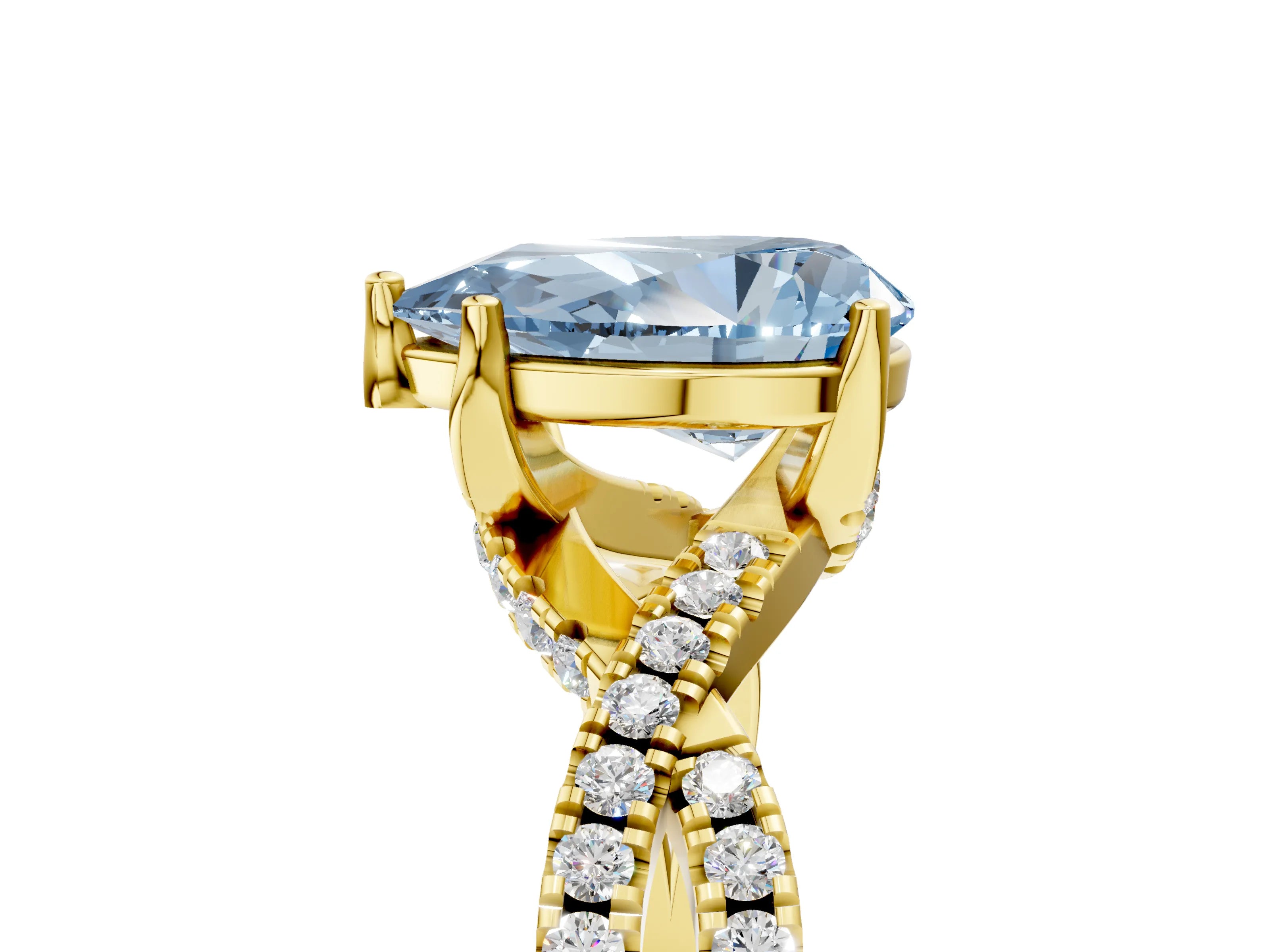 Yellow gold Fancy Blue Pear Cut Solitaire Twist Pave Diamond Engagement Ring with Prong Setting_5