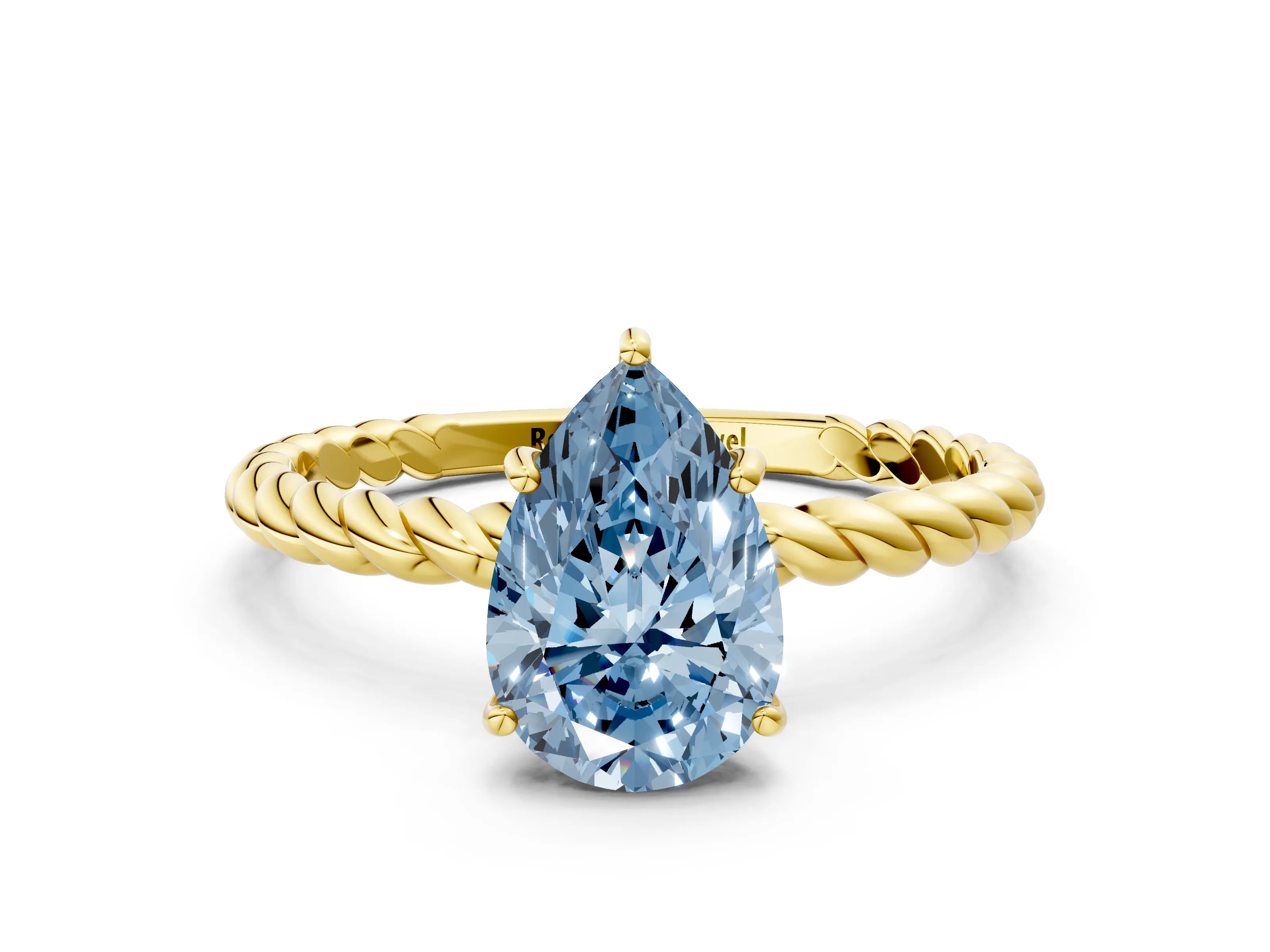 Yellow gold Fancy Blue Pear Cut Solitaire Twisted Band 4-Prong Ring