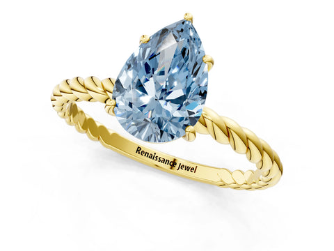 Yellow gold Fancy Blue Pear Cut Solitaire Twisted Band 4-Prong Ring_1