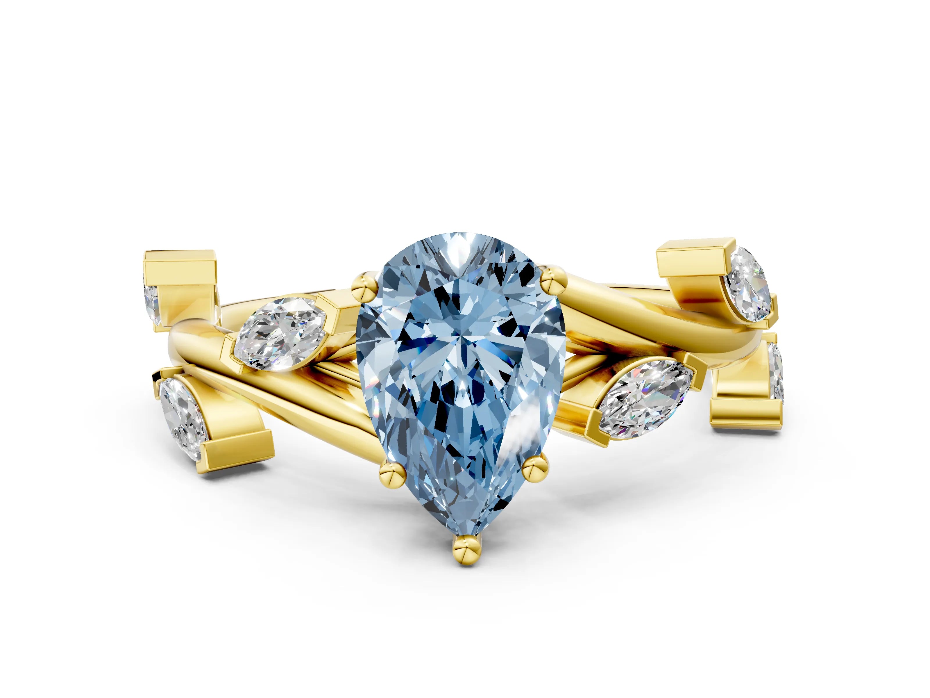 Yellow gold Fancy Blue Pear Cut Solitaire Twisted Band Marquise Accent Prong Setting Ring