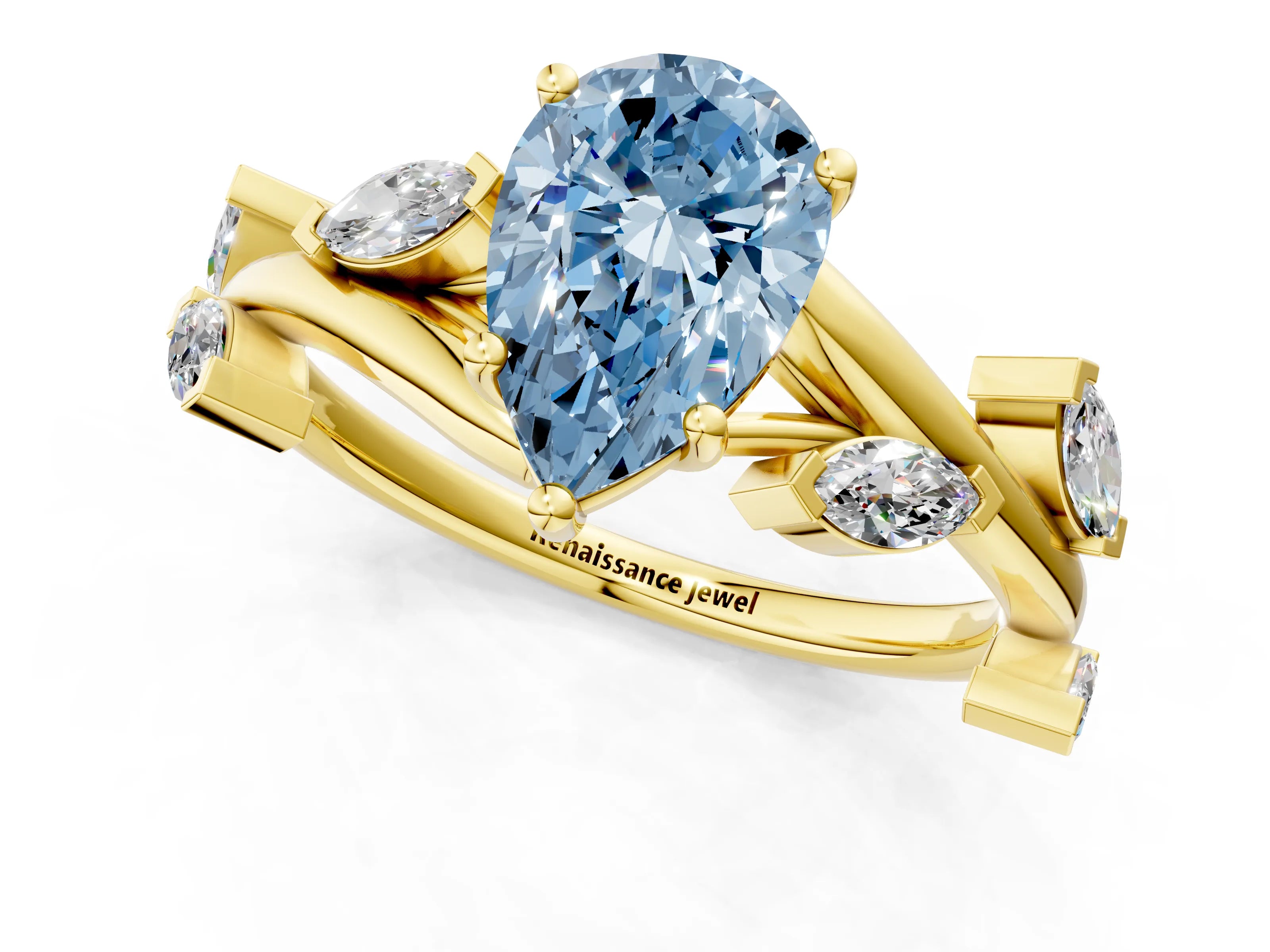 Yellow gold Fancy Blue Pear Cut Solitaire Twisted Band Marquise Accent Prong Setting Ring_1