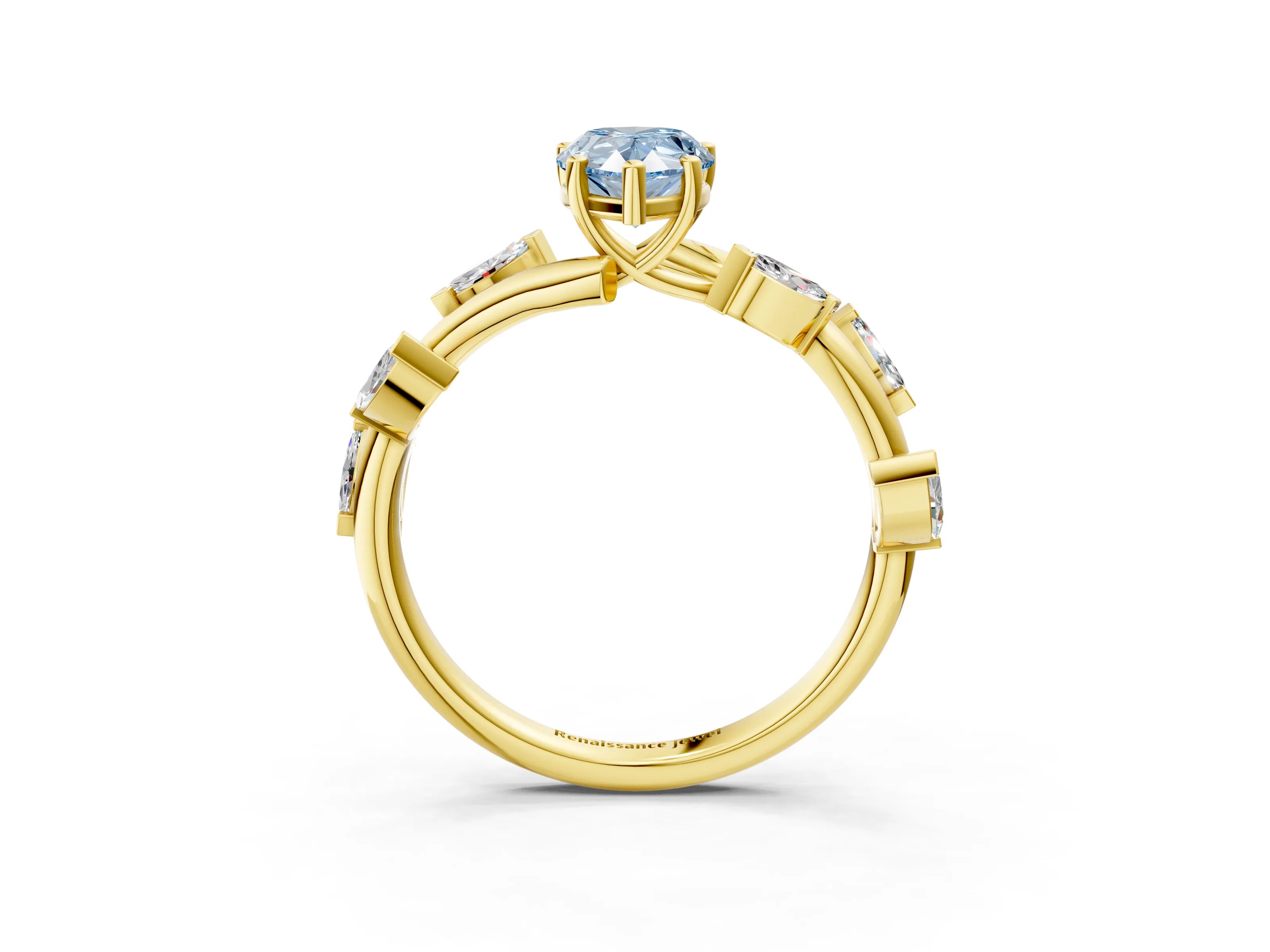 Yellow gold Fancy Blue Pear Cut Solitaire Twisted Band Marquise Accent Prong Setting Ring_3