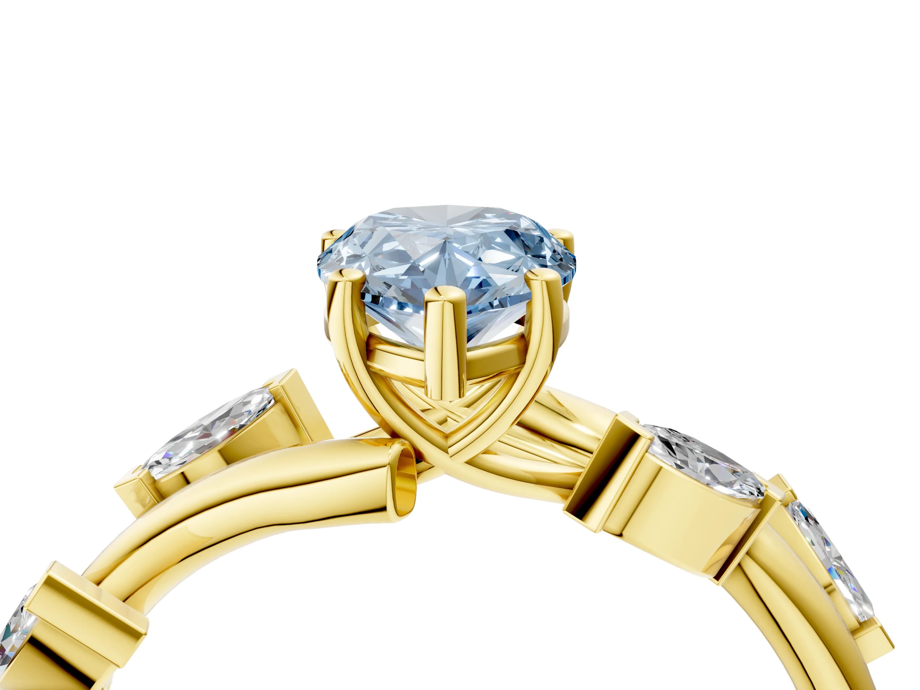 Yellow gold Fancy Blue Pear Cut Solitaire Twisted Band Marquise Accent Prong Setting Ring_4