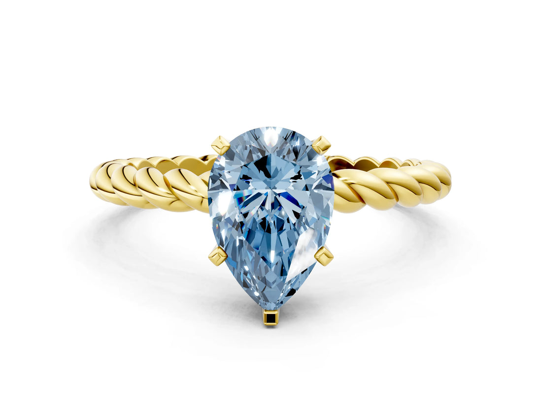 Yellow gold Fancy Blue Pear  Cut Solitaire Twisted Band with Four-Prong Setting_98