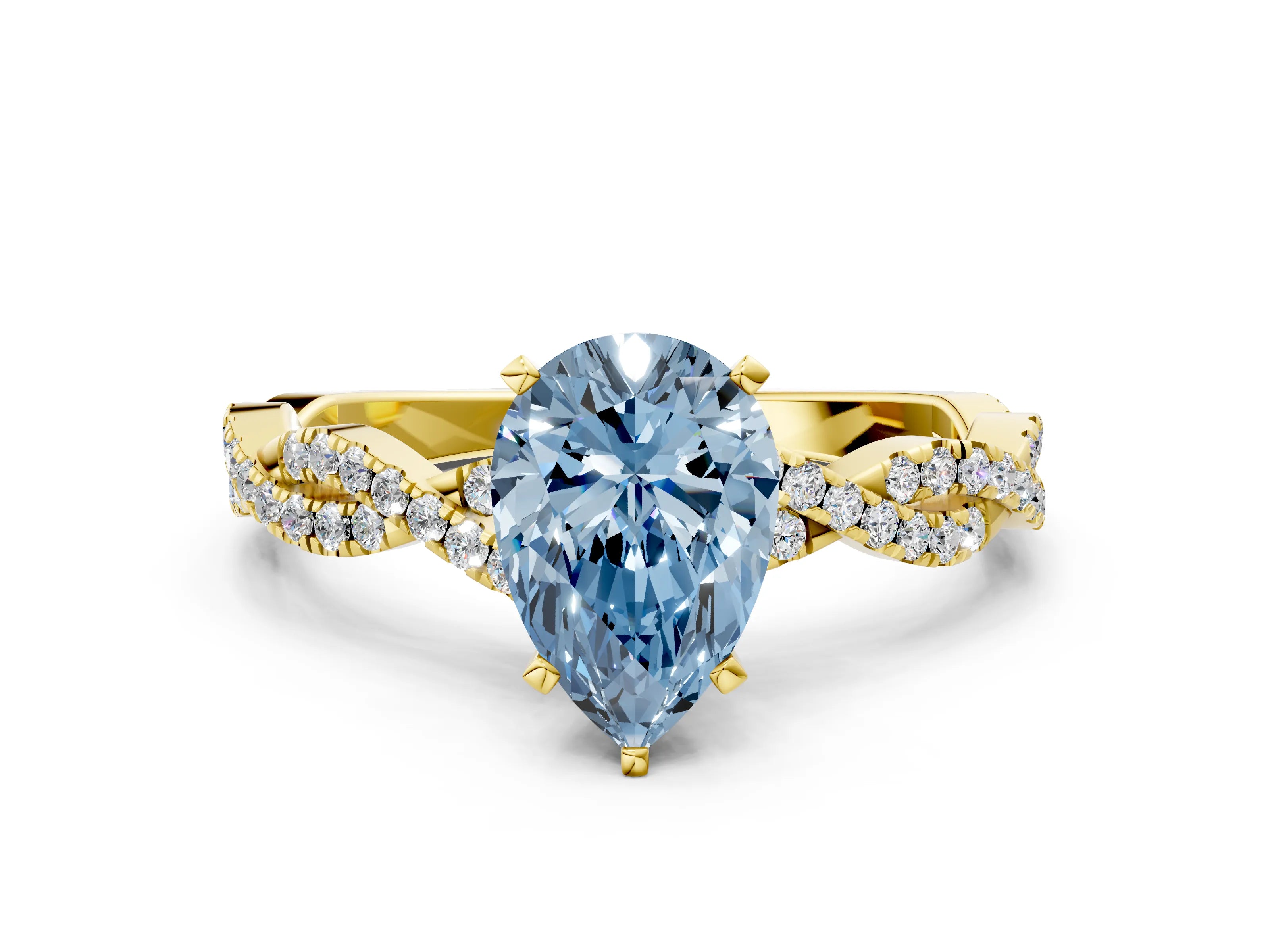 Yellow gold Fancy Blue Pear Cut Solitaire Twisted Pave Band with Four-Prong Setting_3