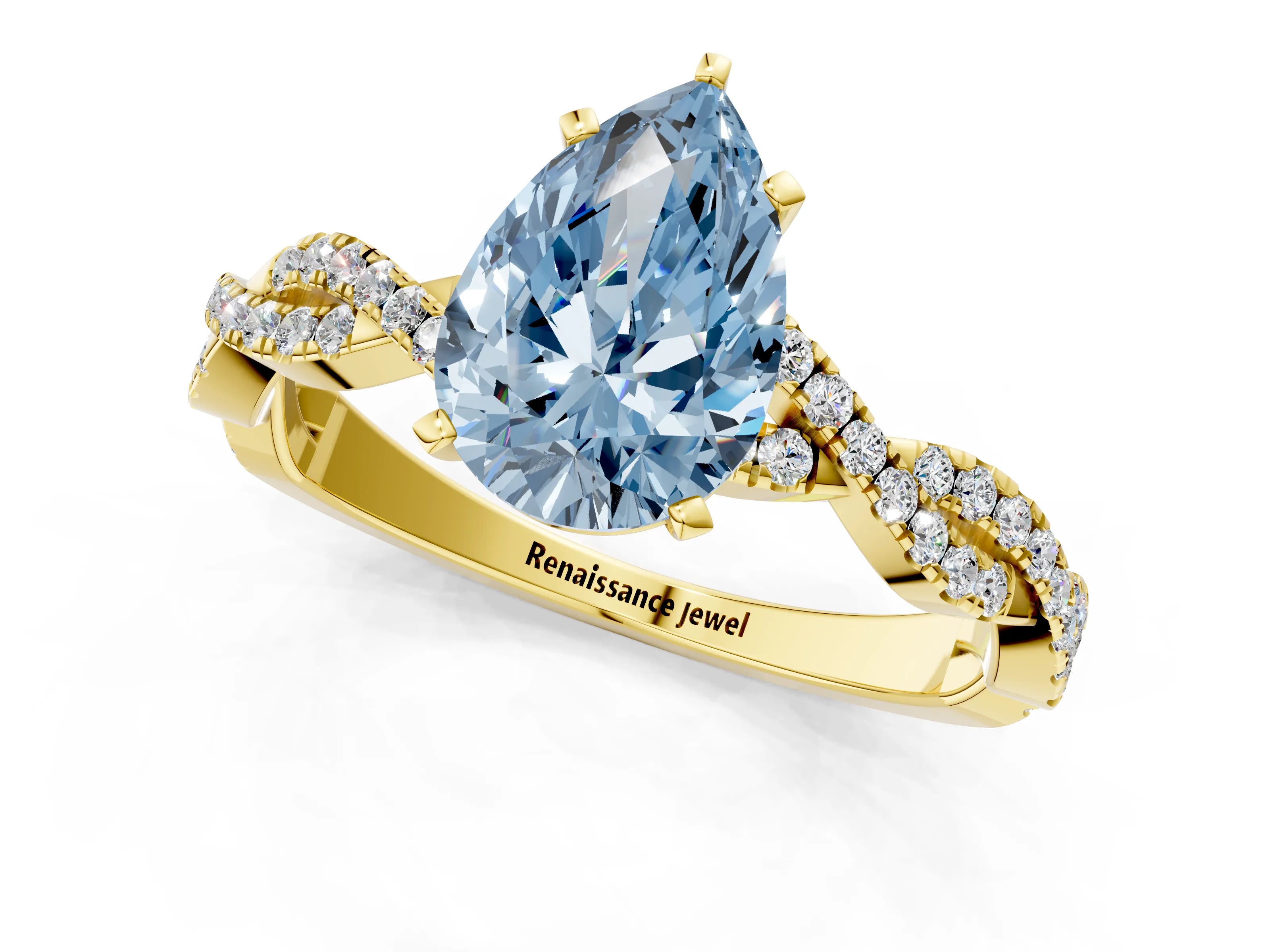 Yellow gold Fancy Blue Pear Cut Solitaire Twisted Pave Band with Four-Prong Setting_4
