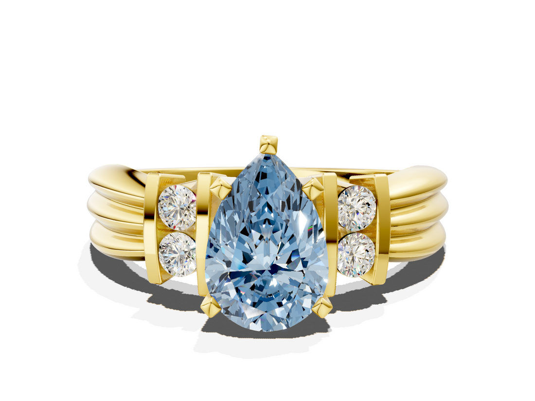 Yellow gold Fancy Blue Pear  Cut Three-Stone Channel Set Ring with Bar Prongs_60