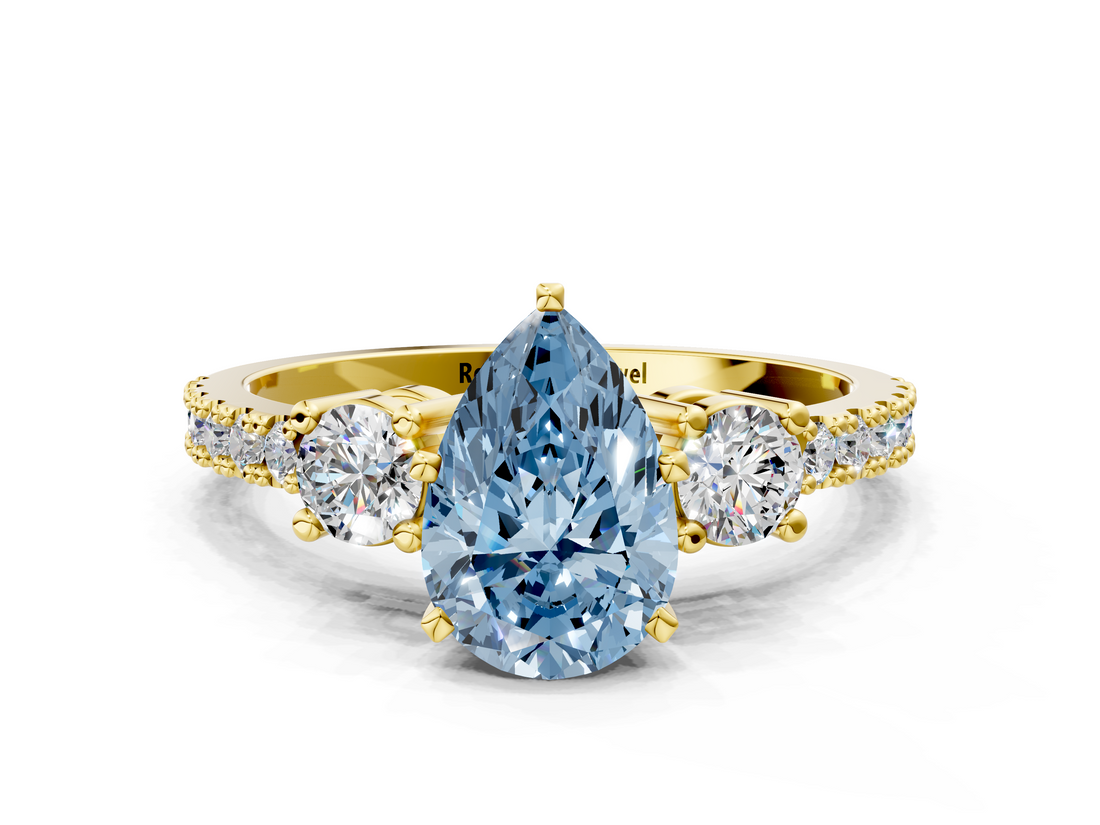 Yellow gold Fancy Blue Pear  Cut Three-Stone Diamond Pavé Band with Prong Setting_17