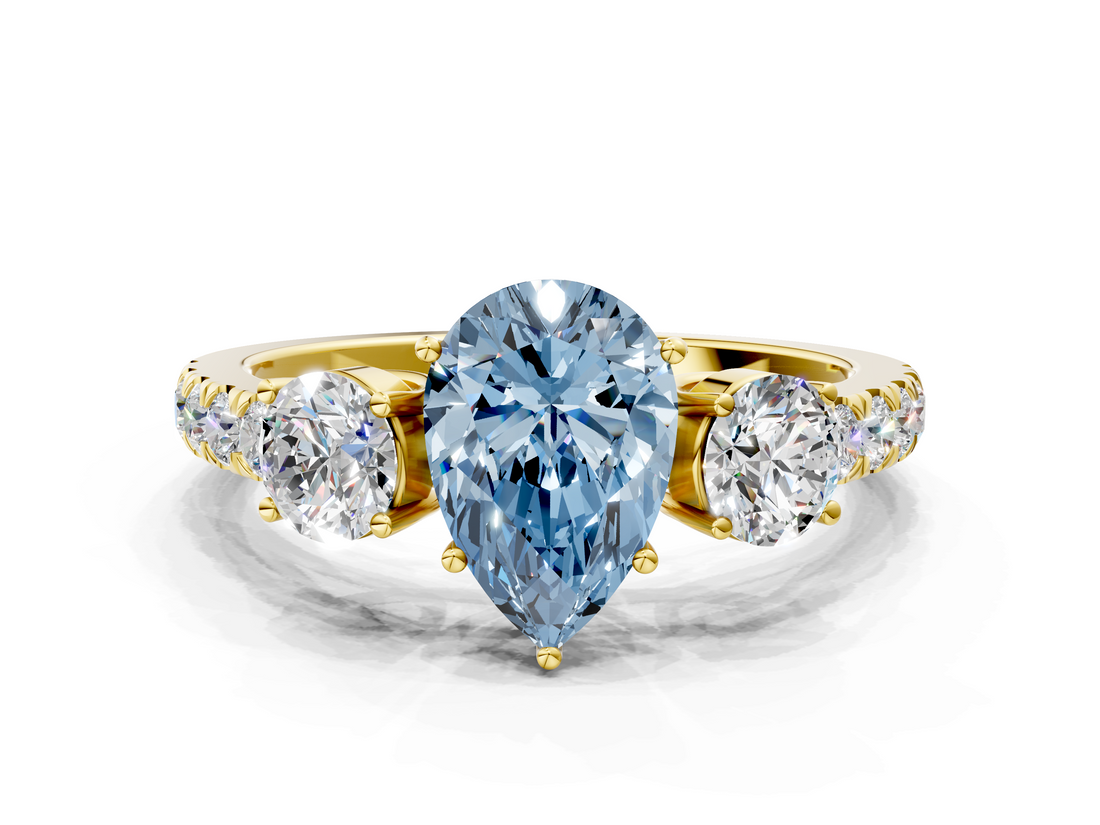 Yellow gold Fancy Blue Pear  Cut Three-Stone Diamond Pave Band with Prong Setting_37