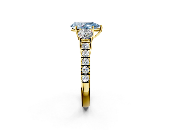 Yellow gold Fancy Blue Pear  Cut Diamond Three-Stone Ring with Round Side Stones and Pavé Band