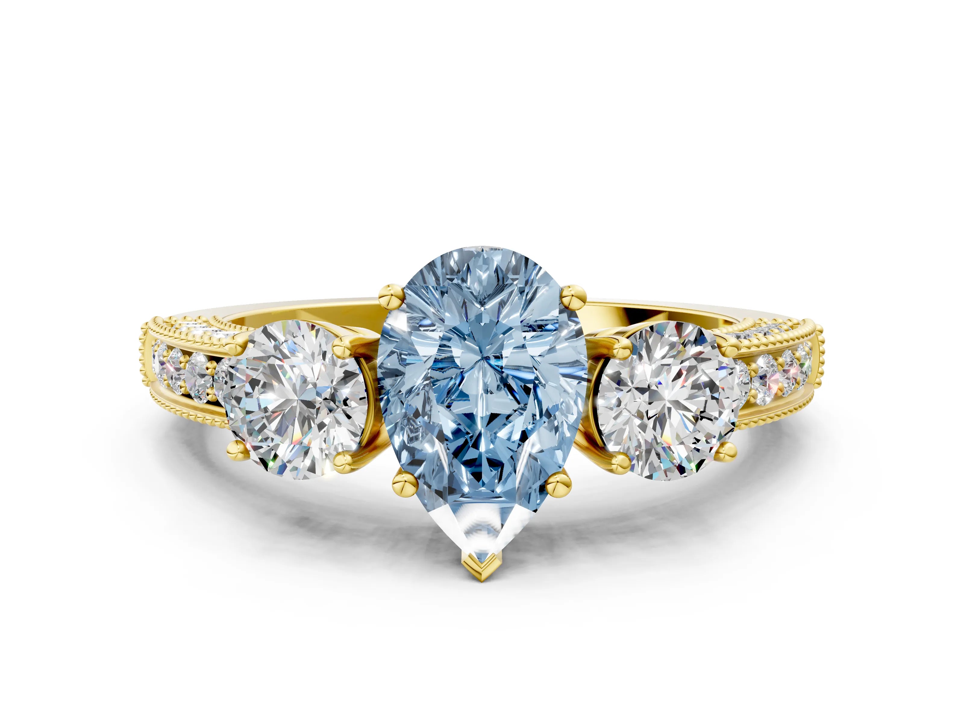 Yellow gold Fancy Blue Pear Cut Three-Stone Diamond Ring with Pavé Band and Four-Prong Setting