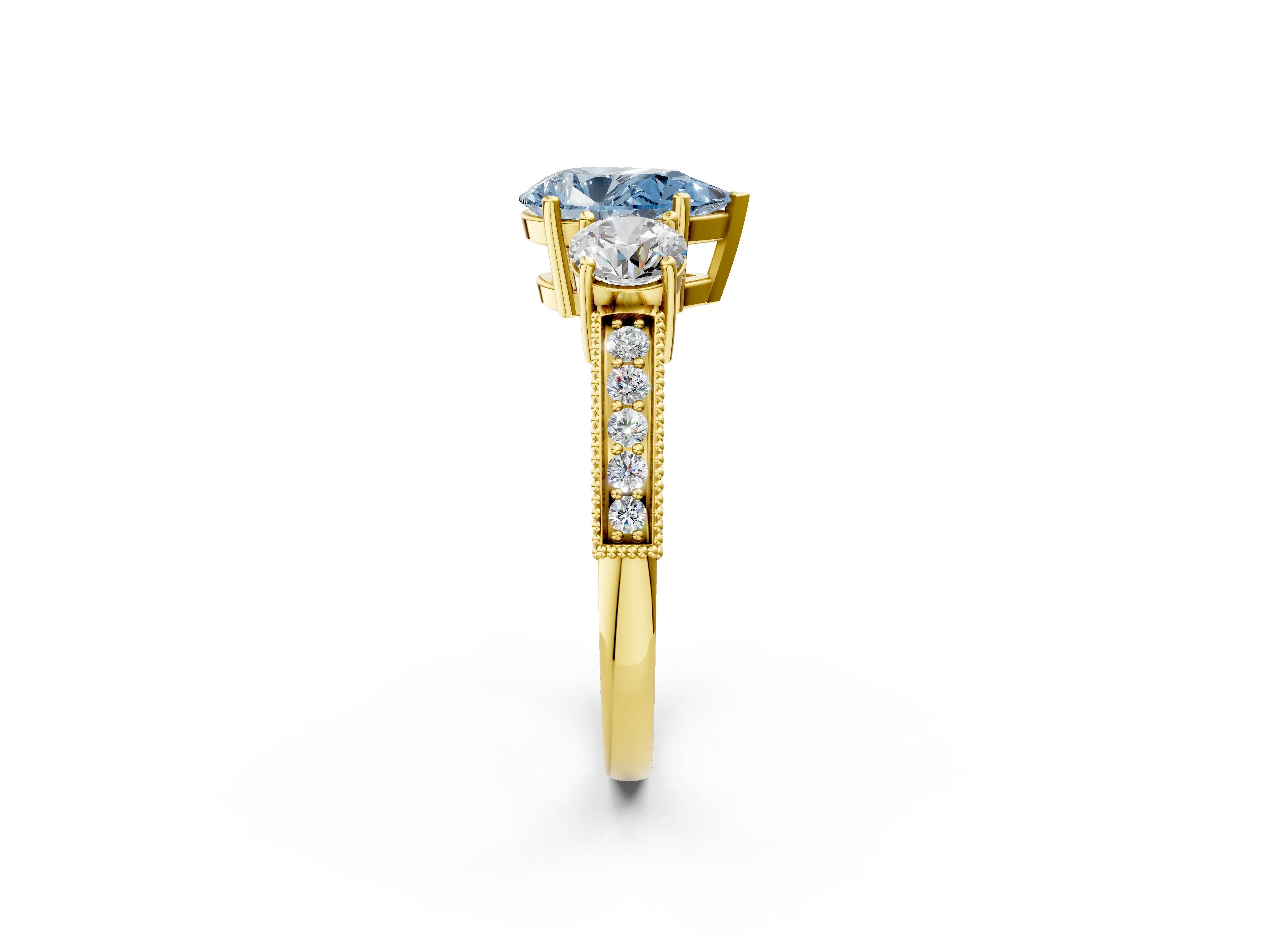 Yellow gold Fancy Blue Pear Cut Three-Stone Diamond Ring with Pavé Band and Four-Prong Setting_2