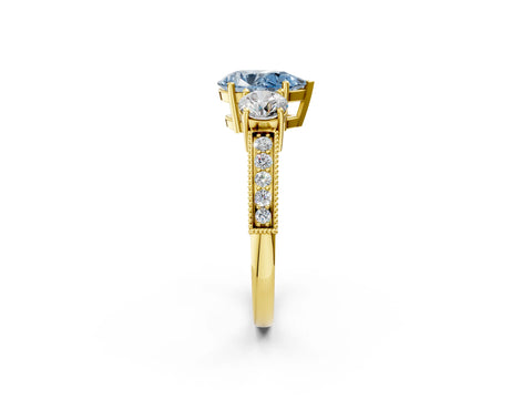 Yellow gold Fancy Blue Pear Cut Three-Stone Diamond Ring with Pavé Band and Four-Prong Setting_2