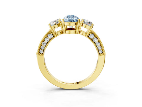 Yellow gold Fancy Blue Pear Cut Three-Stone Diamond Ring with Pavé Band and Four-Prong Setting_3