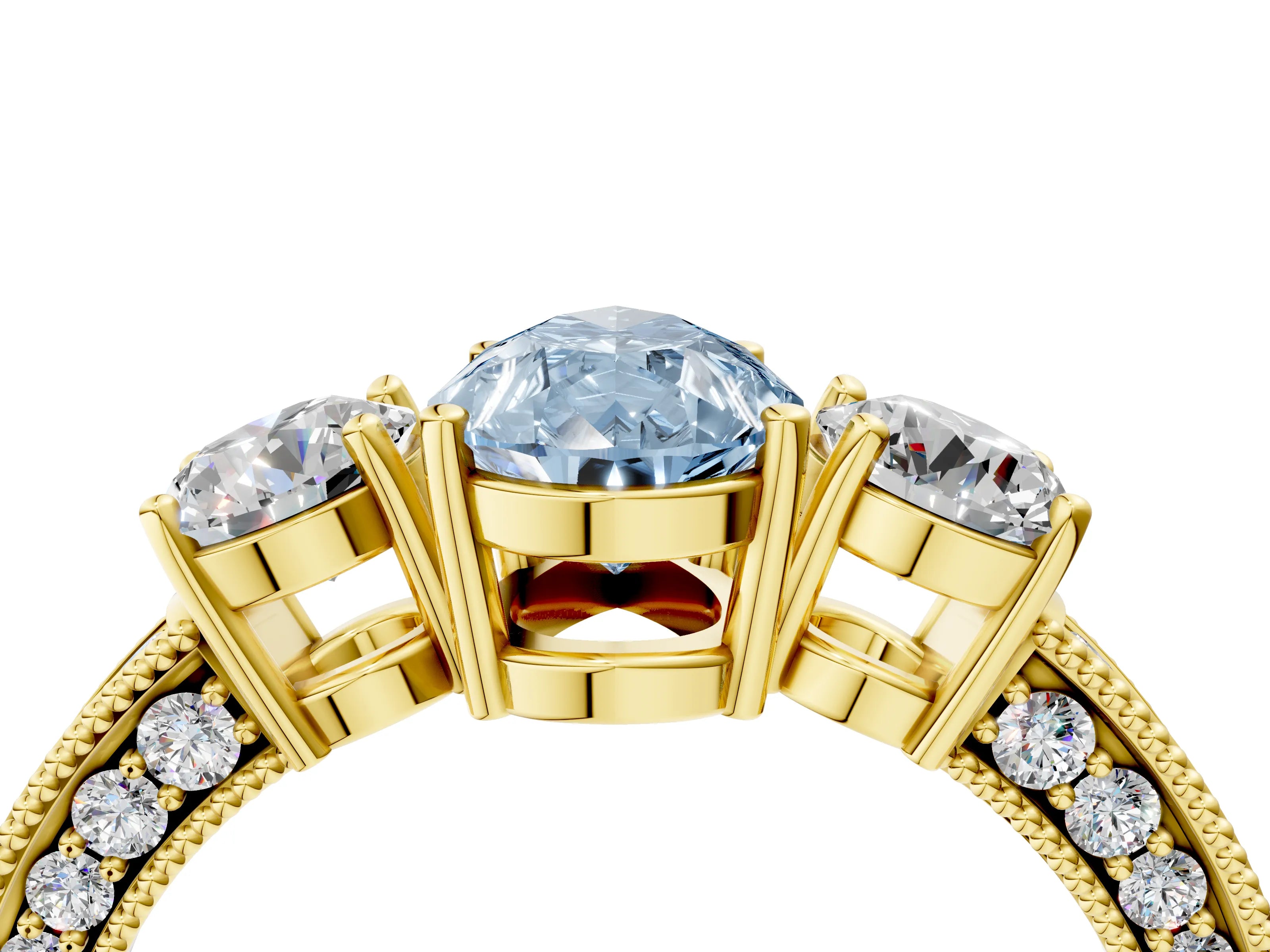 Yellow gold Fancy Blue Pear Cut Three-Stone Diamond Ring with Pavé Band and Four-Prong Setting_4