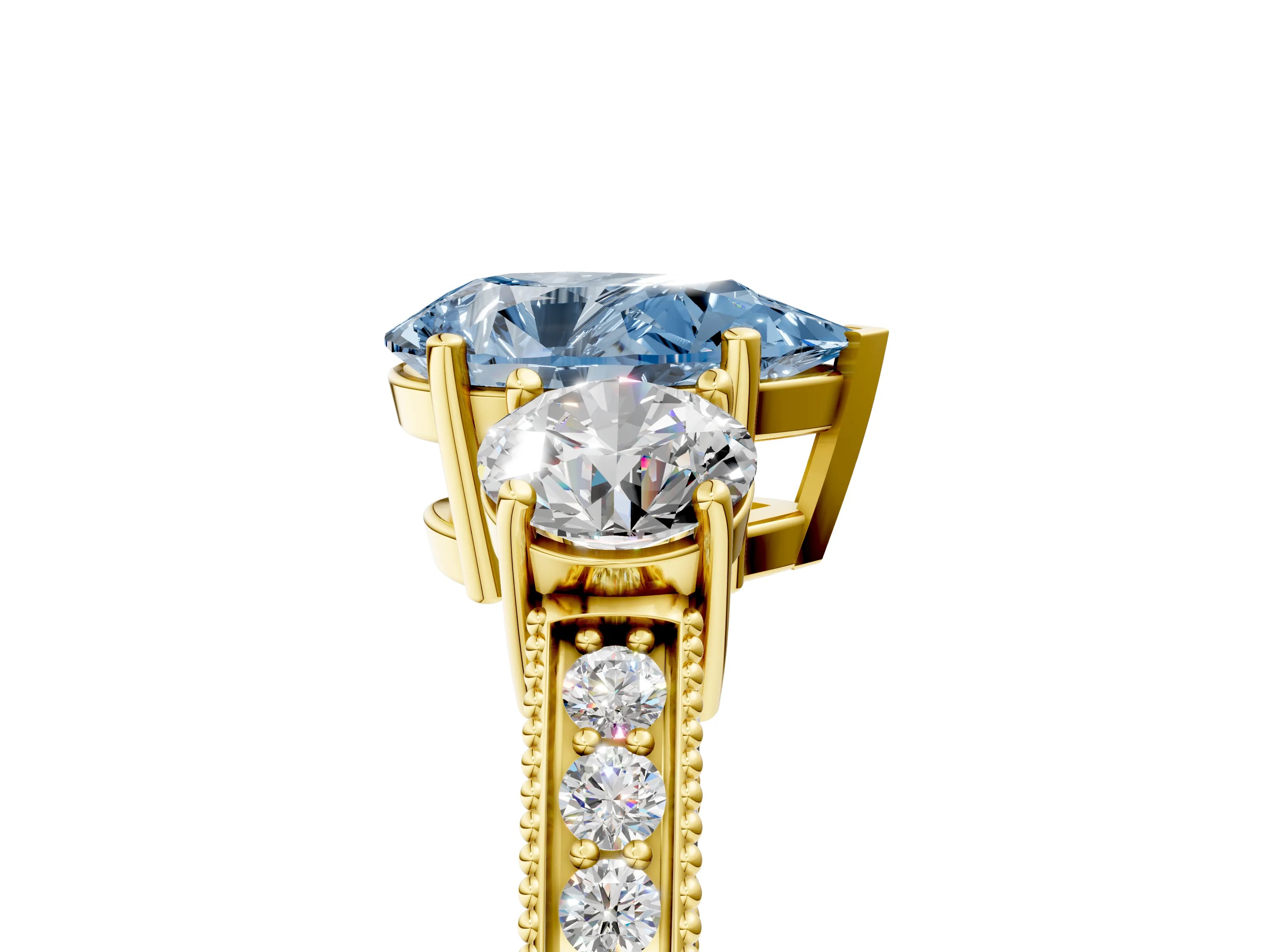 Yellow gold Fancy Blue Pear Cut Three-Stone Diamond Ring with Pavé Band and Four-Prong Setting_5
